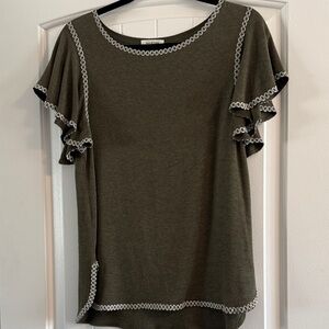 Max Studio Dark Green Blouse with White Lace Trim